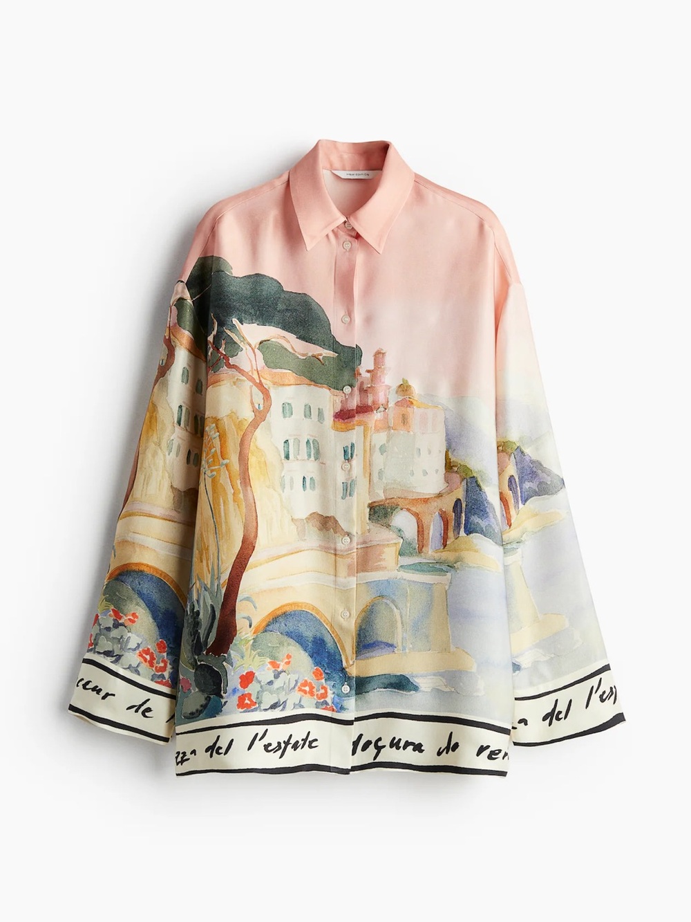 Watercolor Mediterranean Scenic Print Oversized Button Down Shirt M NWOT